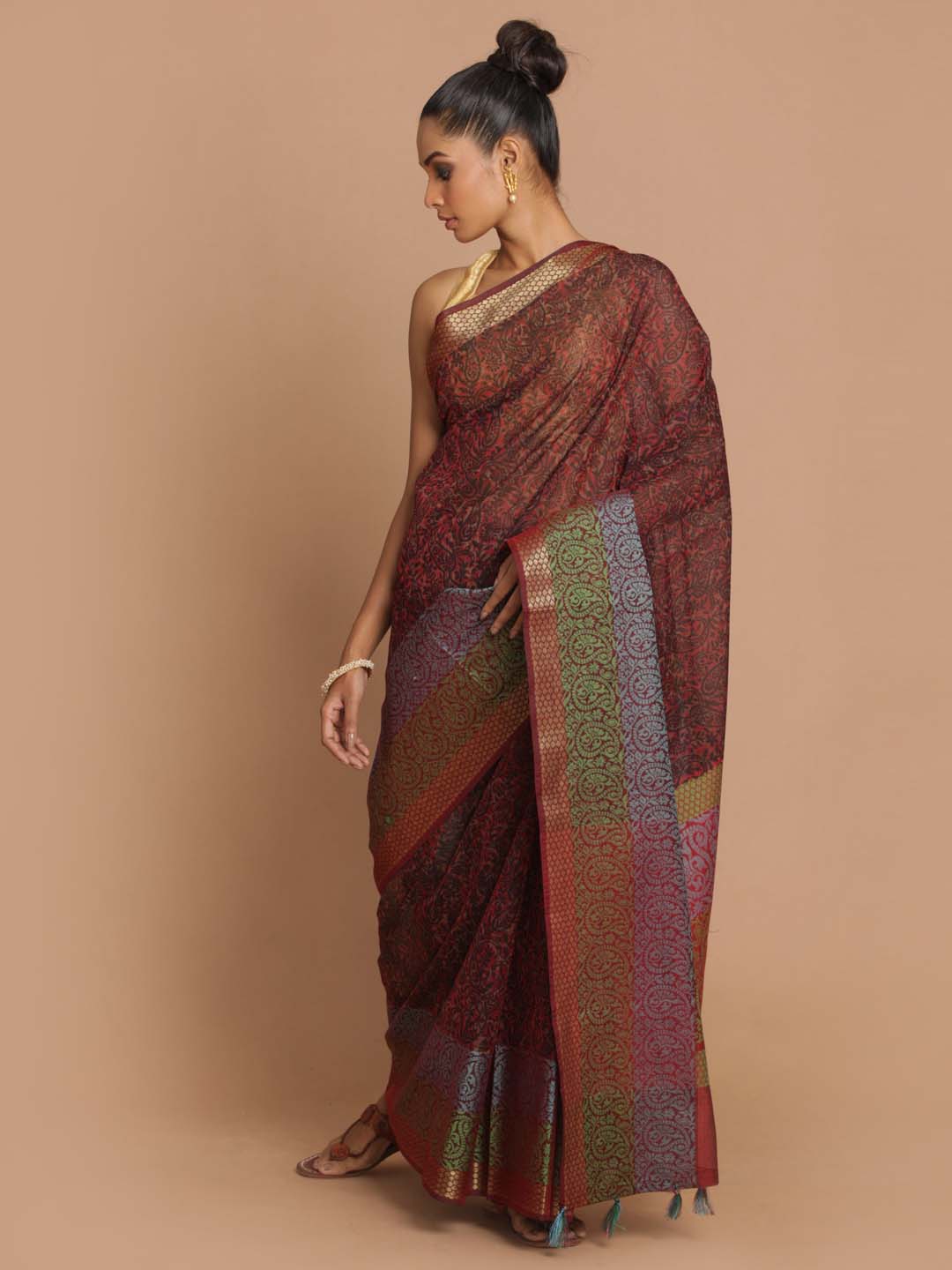 Indethnic Banarasi Maroon Printed Daily Wear Saree - View 1