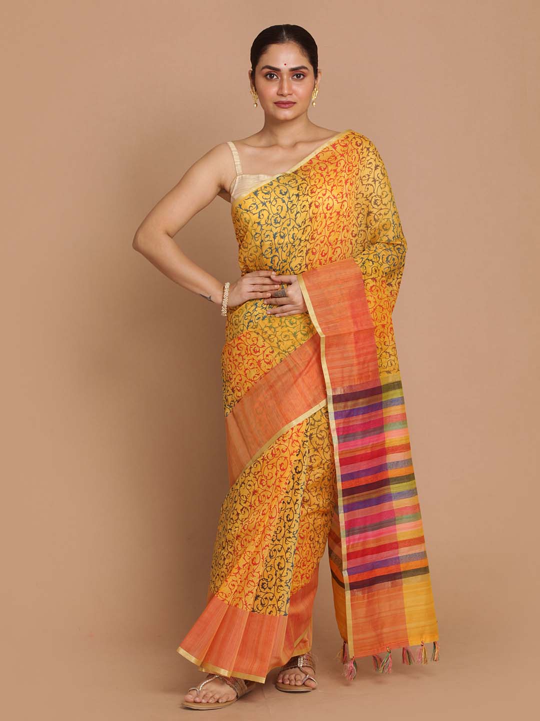 Indethnic Banarasi Mustard Printed Daily Wear Saree - View 1