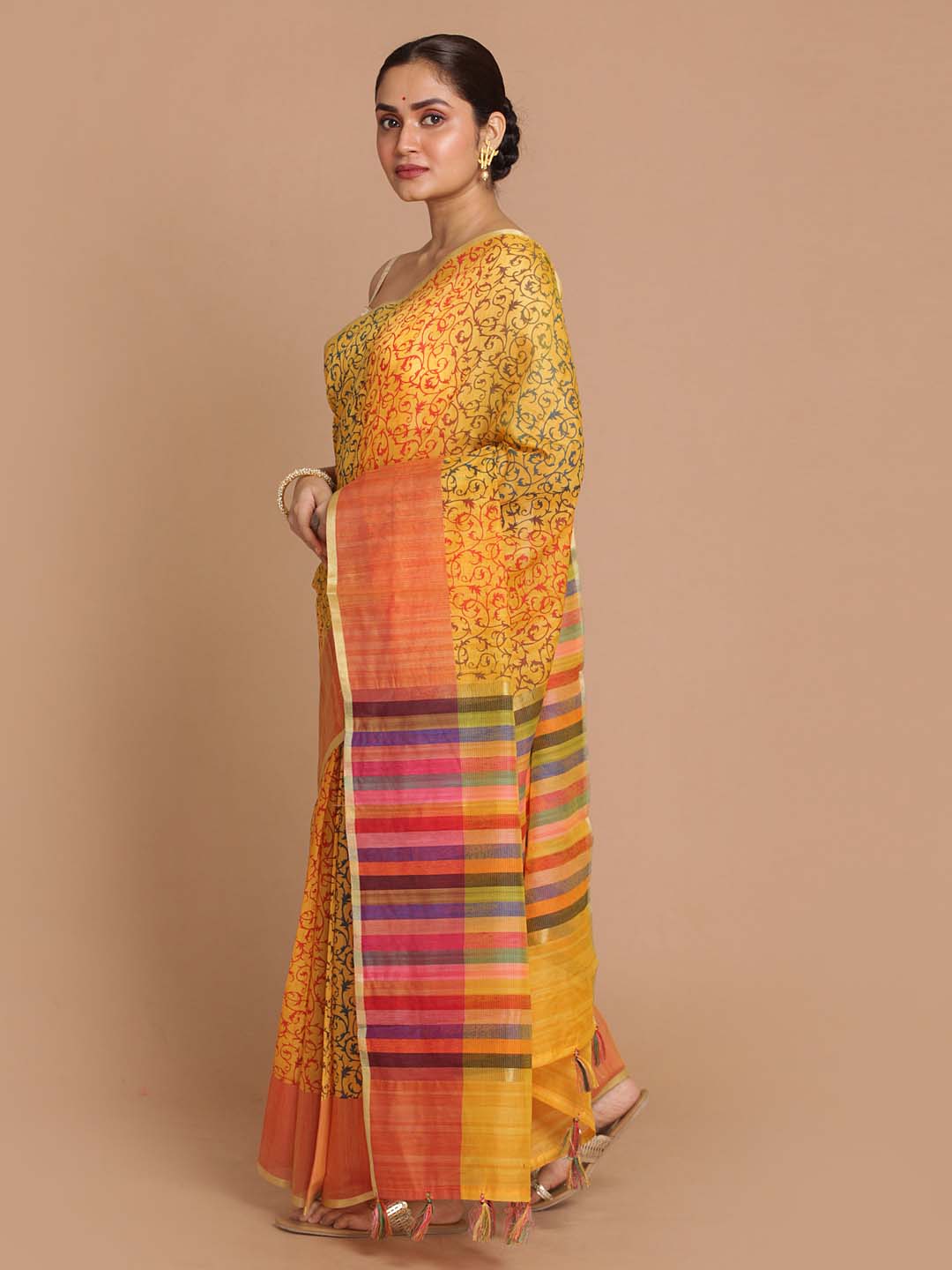 Indethnic Banarasi Mustard Printed Daily Wear Saree - View 2