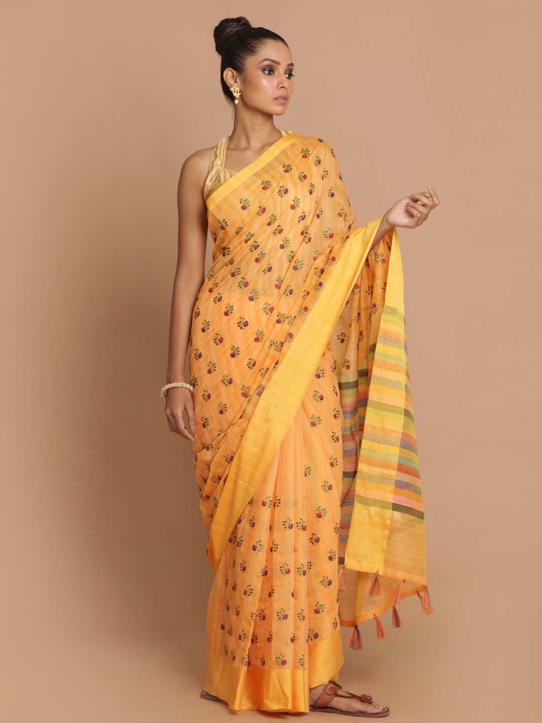 Indethnic Banarasi Mustard Embroidered Daily Wear Saree - View 1