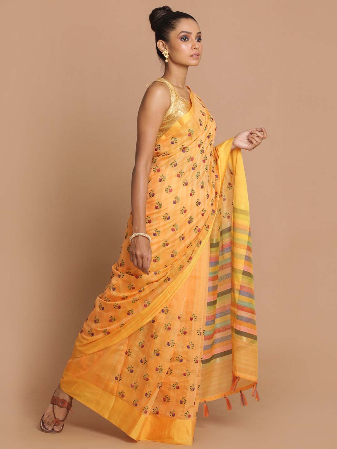 Indethnic Banarasi Mustard Embroidered Daily Wear Saree - View 2