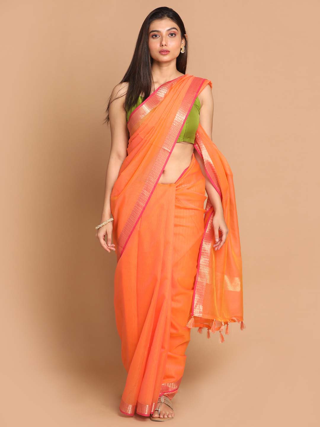 Indethnic Banarasi Orange Solid Daily Wear Saree - View 1