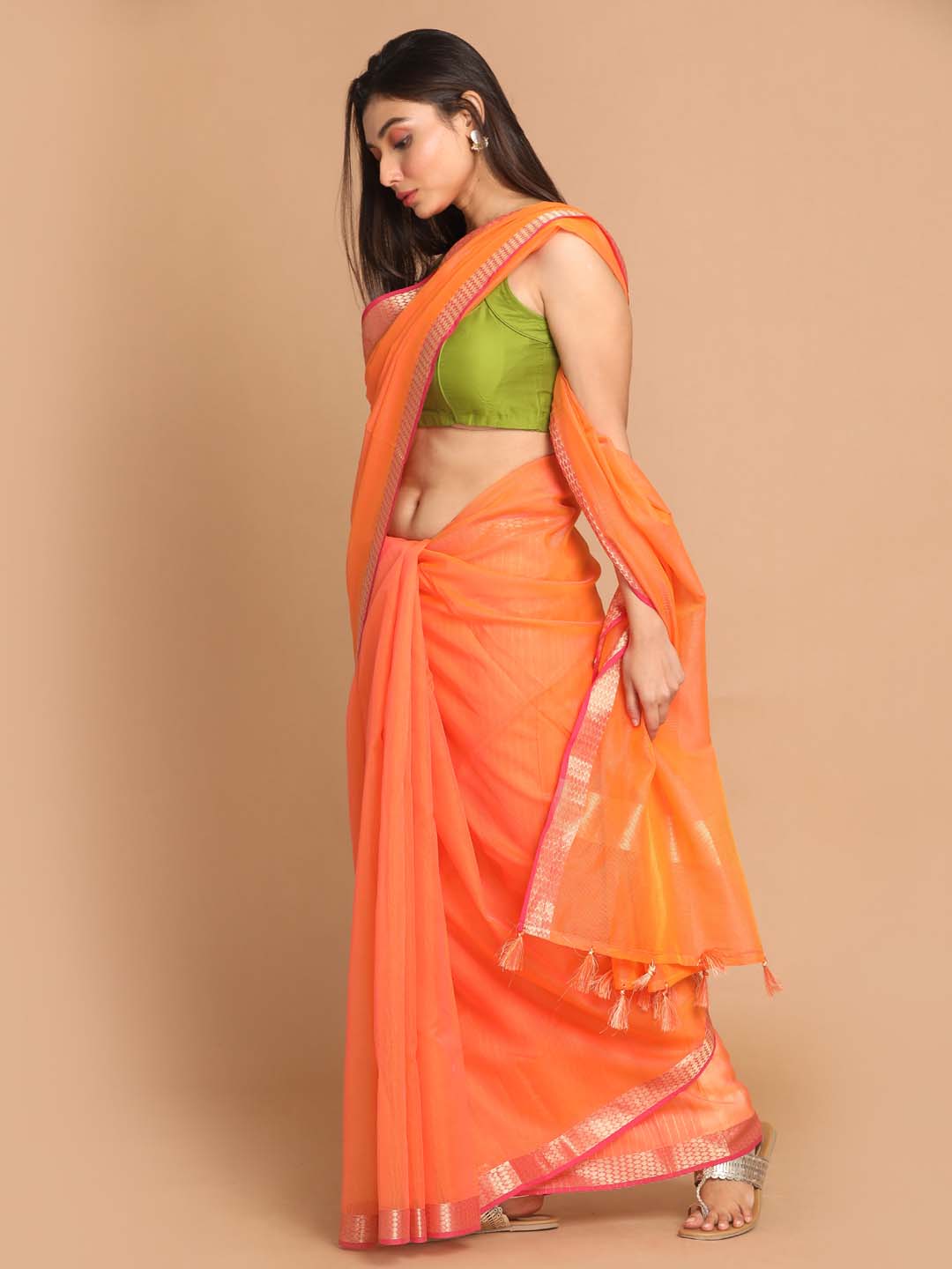 Indethnic Banarasi Orange Solid Daily Wear Saree - View 1