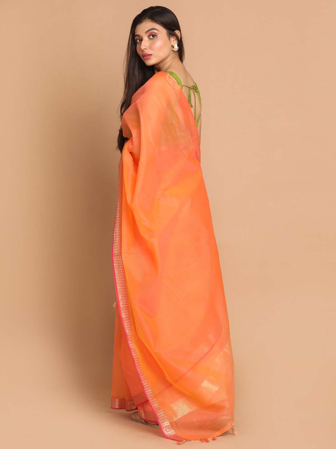 Indethnic Banarasi Orange Solid Daily Wear Saree - View 3