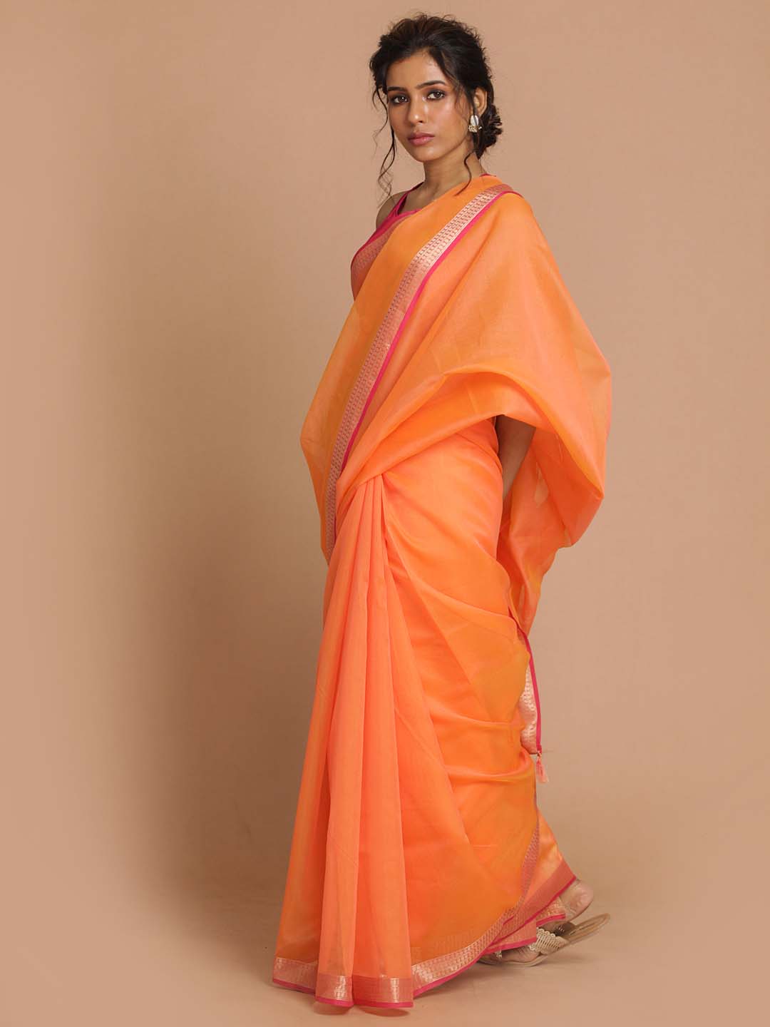 Indethnic Banarasi Orange Solid Daily Wear Saree - View 2