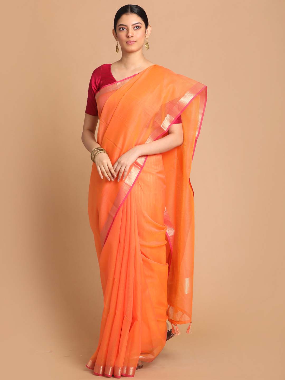 Indethnic Banarasi Orange Solid Daily Wear Saree - View 1