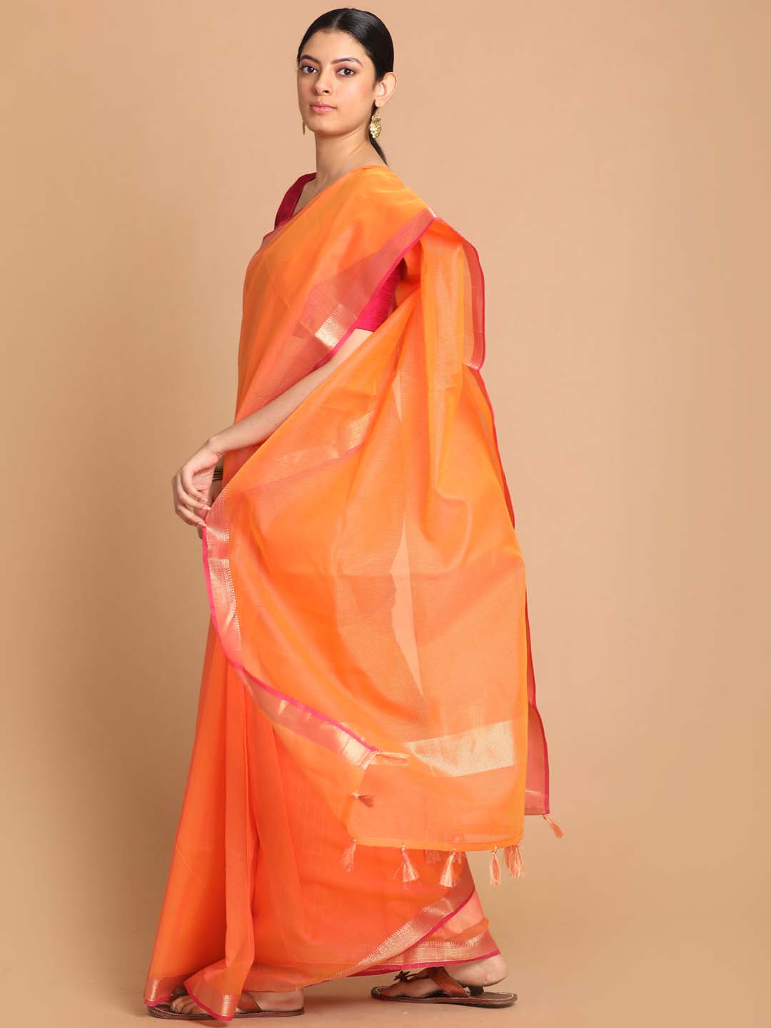 Indethnic Banarasi Orange Solid Daily Wear Saree - View 2