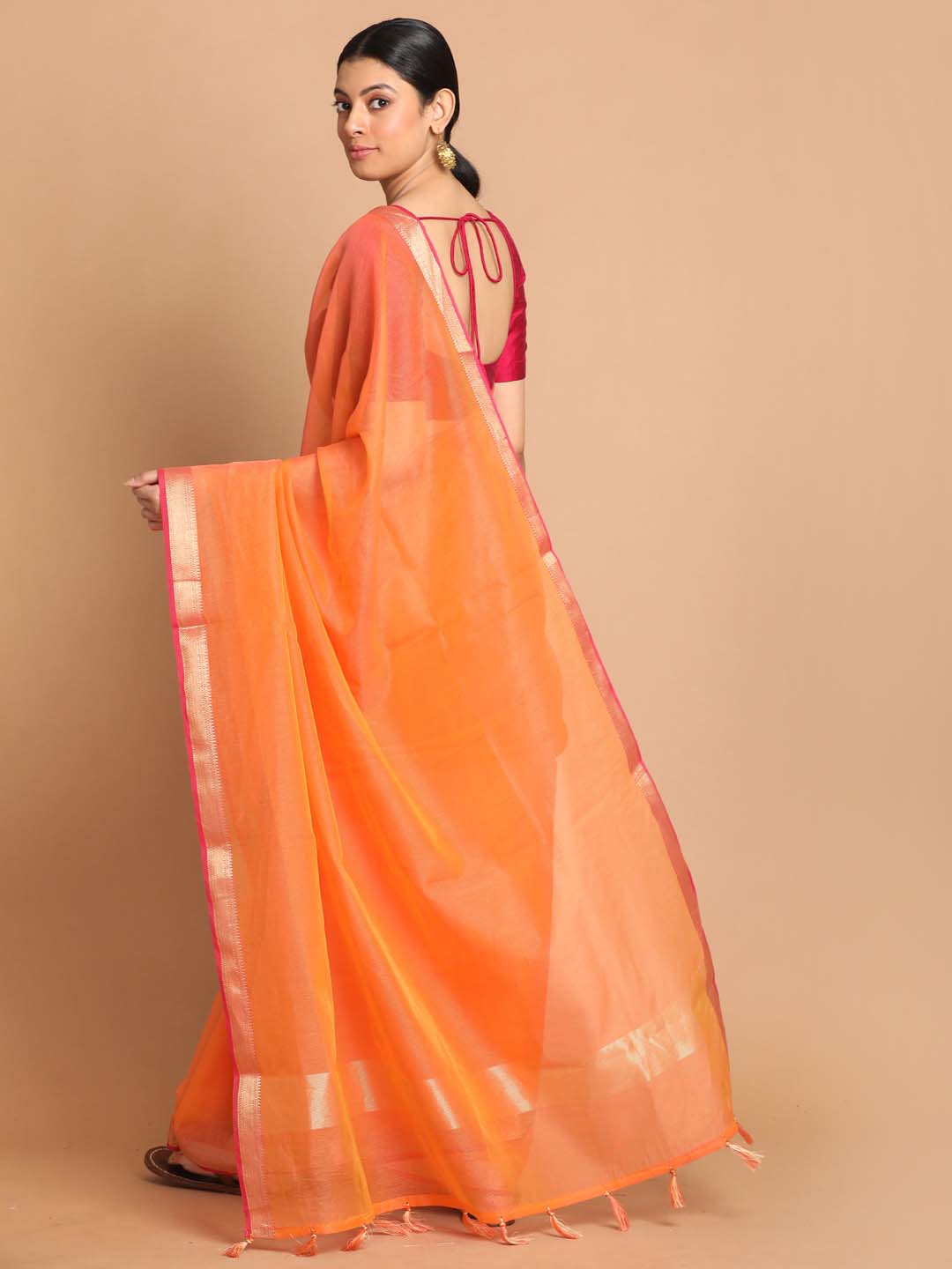 Indethnic Banarasi Orange Solid Daily Wear Saree - View 3