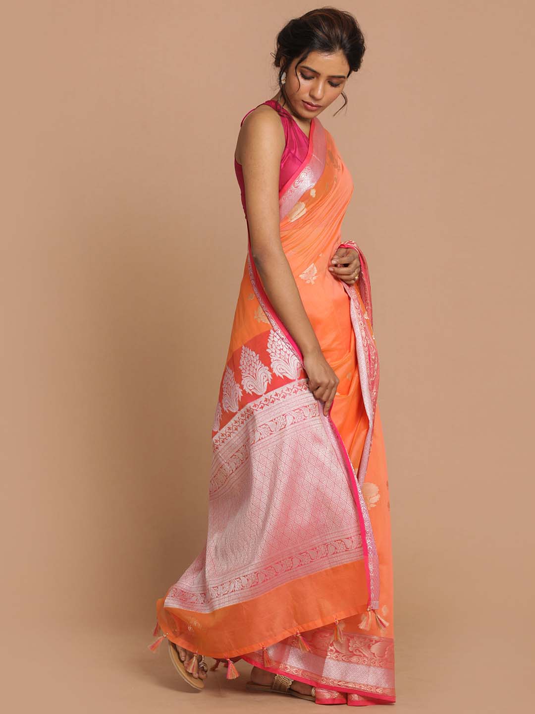 Indethnic Banarasi Orange Woven Design Daily Wear Saree - View 2