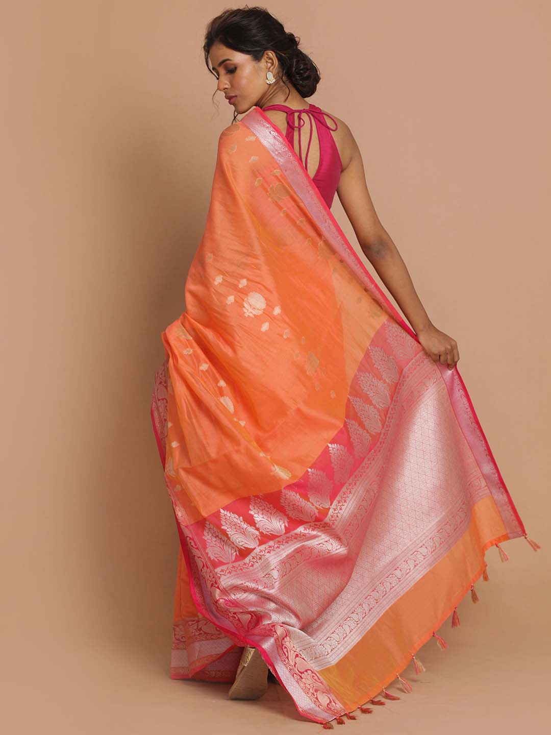 Indethnic Banarasi Orange Woven Design Daily Wear Saree - View 3