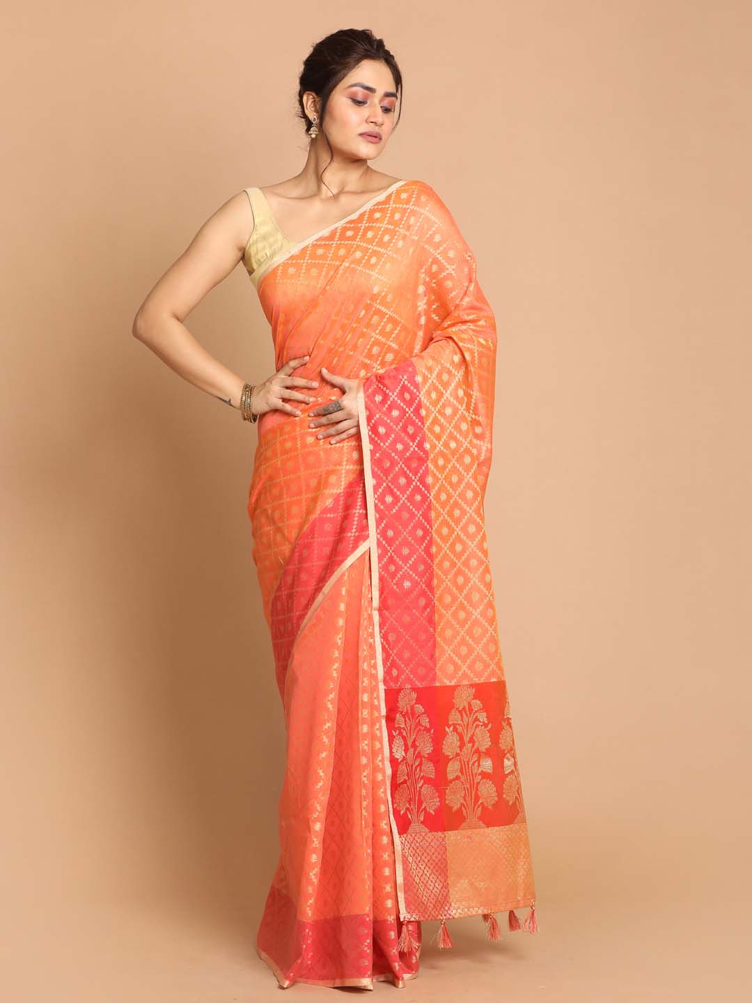 Indethnic Banarasi Orange Woven Design Party Wear Saree - View 1