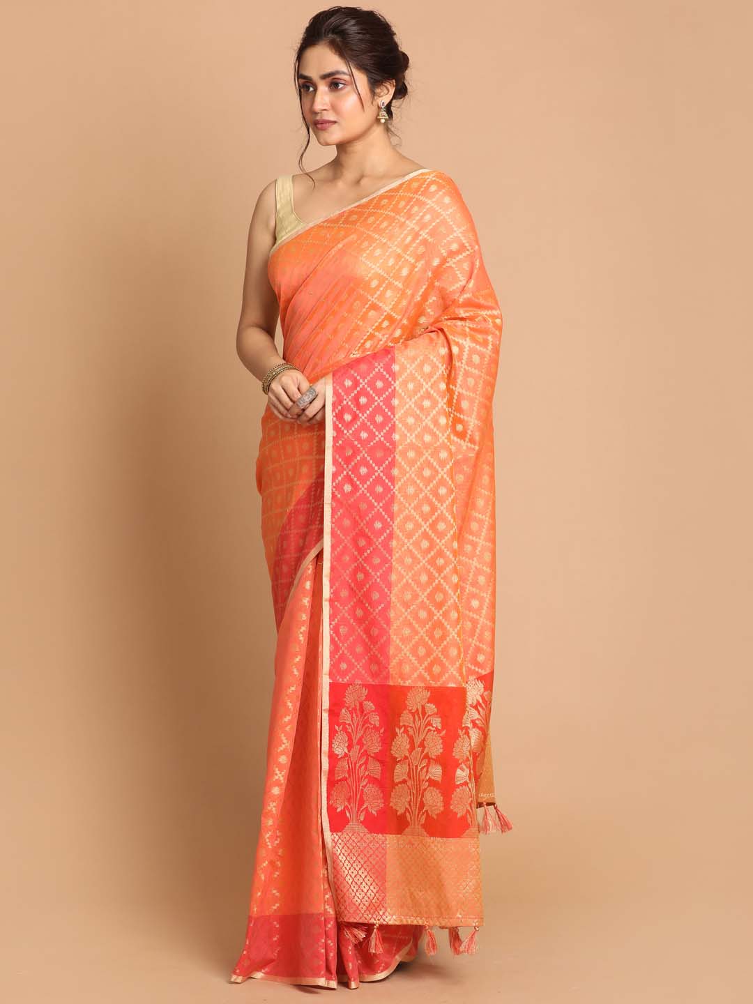 Indethnic Banarasi Orange Woven Design Party Wear Saree - View 2