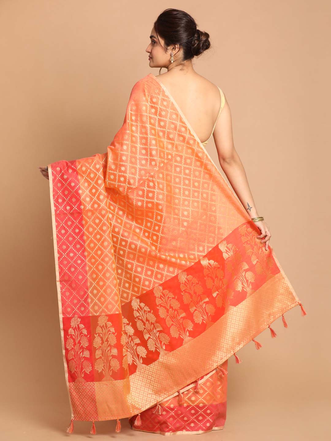Indethnic Banarasi Orange Woven Design Party Wear Saree - View 3