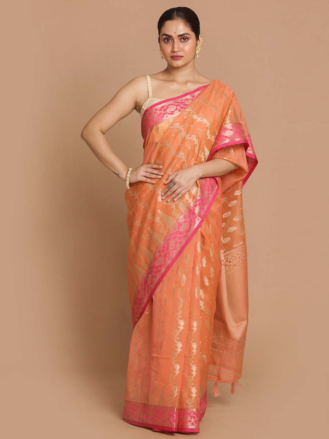 Indethnic Banarasi Orange Woven Design Daily Wear Saree - View 1