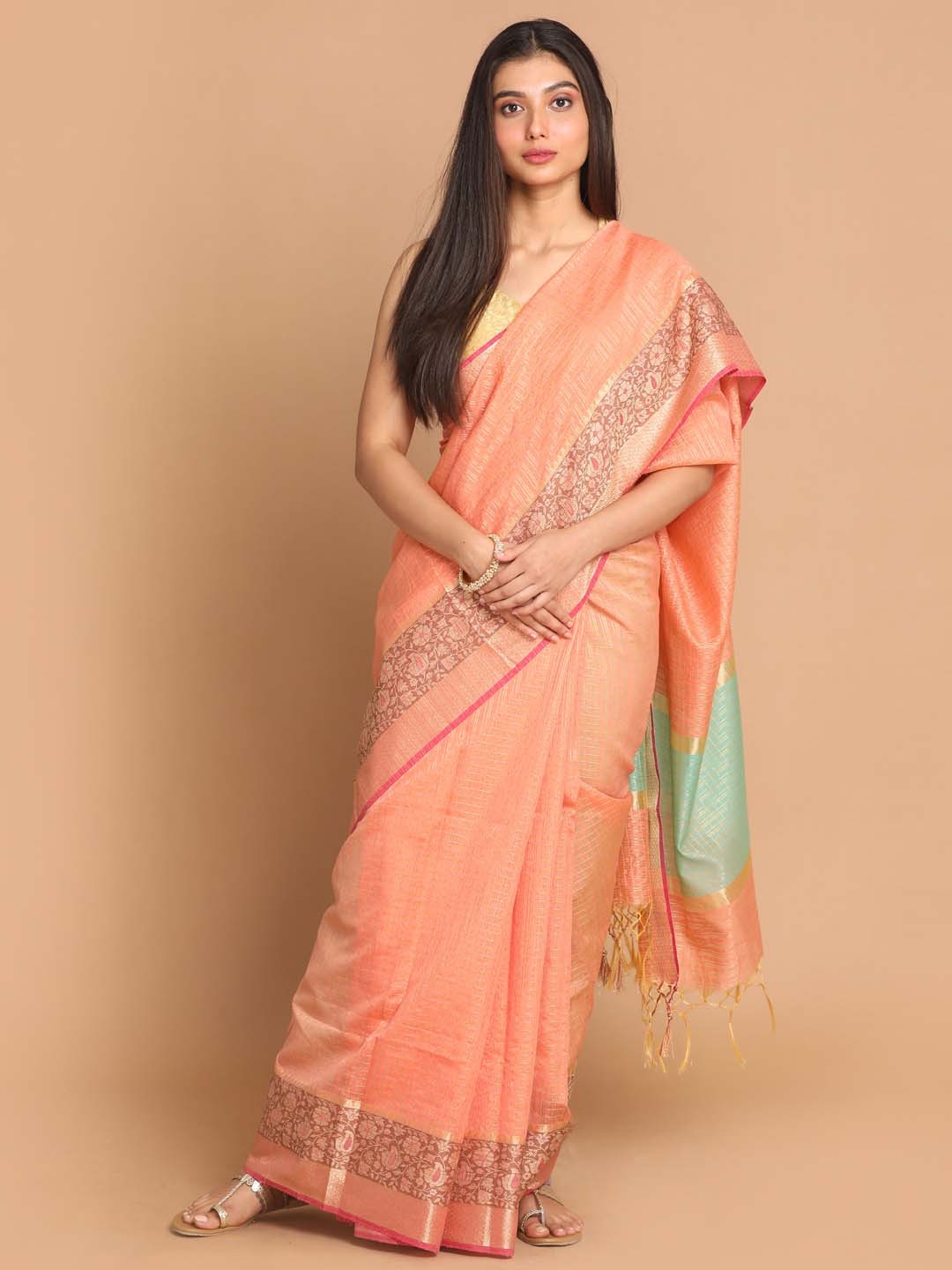 Indethnic Banarasi Peach Checked Daily Wear Saree - View 1