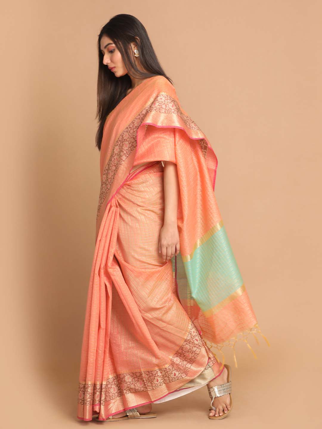 Indethnic Banarasi Peach Checked Daily Wear Saree - View 2