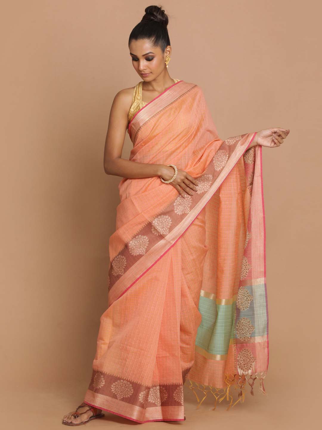 Indethnic Banarasi Peach Checked Daily Wear Saree - View 1