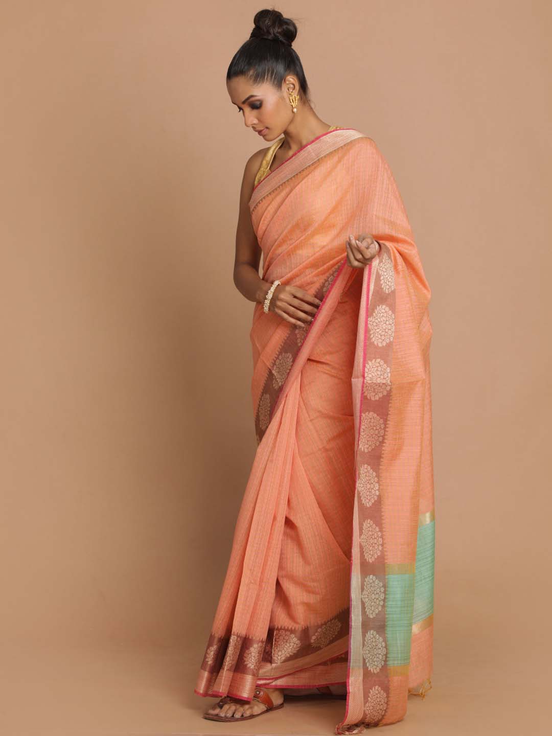 Indethnic Banarasi Peach Checked Daily Wear Saree - View 2