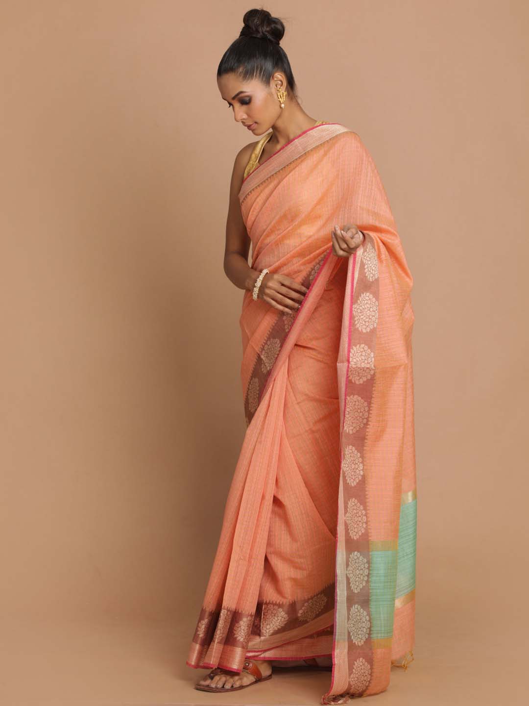 Indethnic Banarasi Peach Checked Daily Wear Saree - View 1