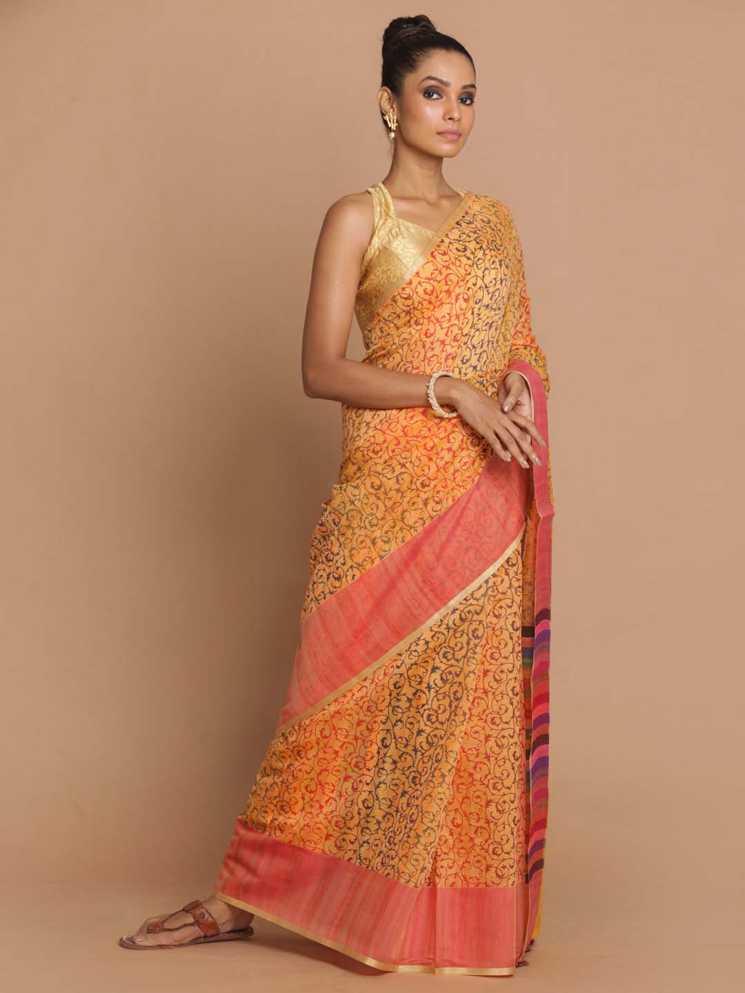 Indethnic Banarasi Peach Printed Daily Wear Saree - View 1