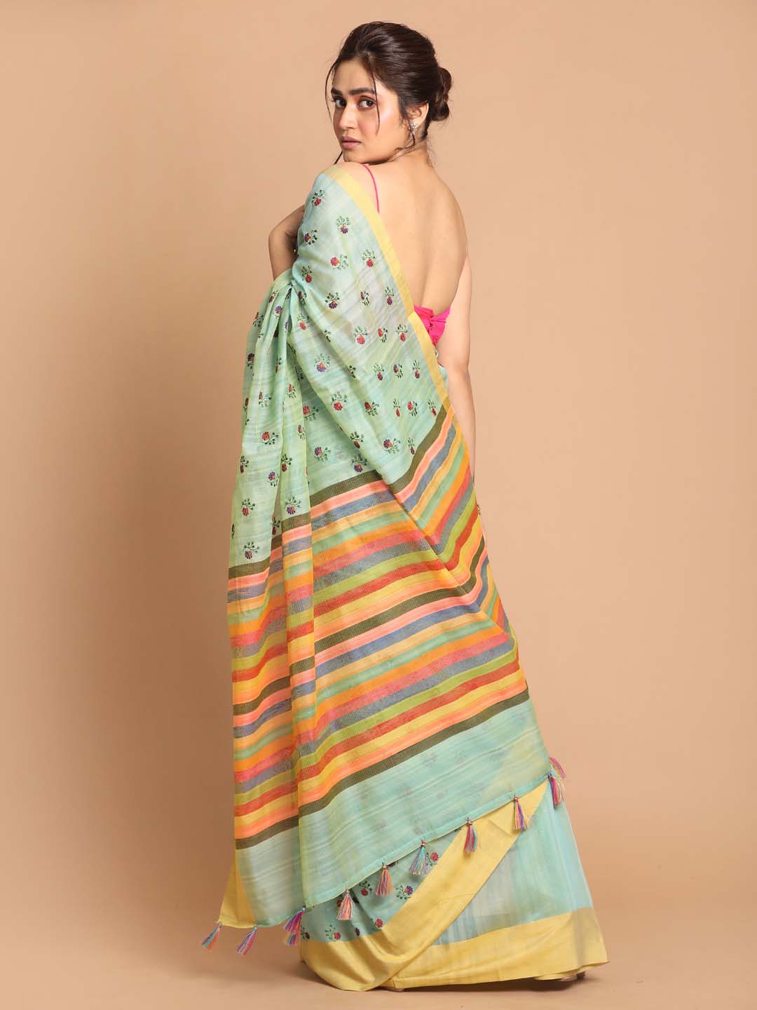 Indethnic Banarasi Sea Green Embroidered Daily Wear Saree - View 3