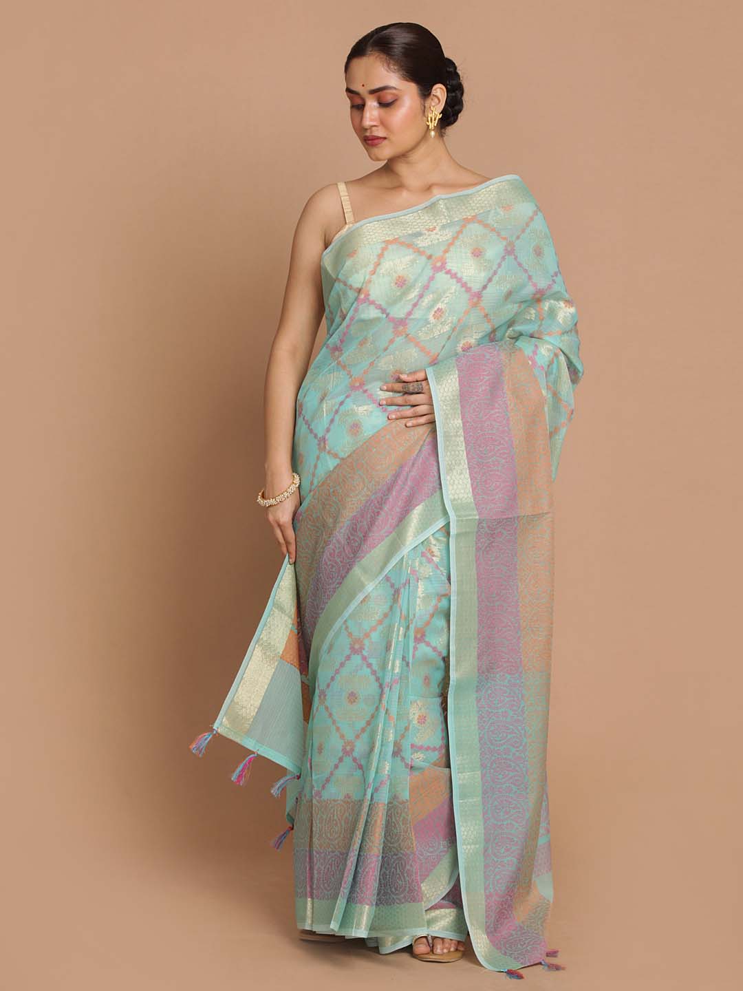 Indethnic Banarasi Sea Green Woven Design Daily Wear Saree - View 3