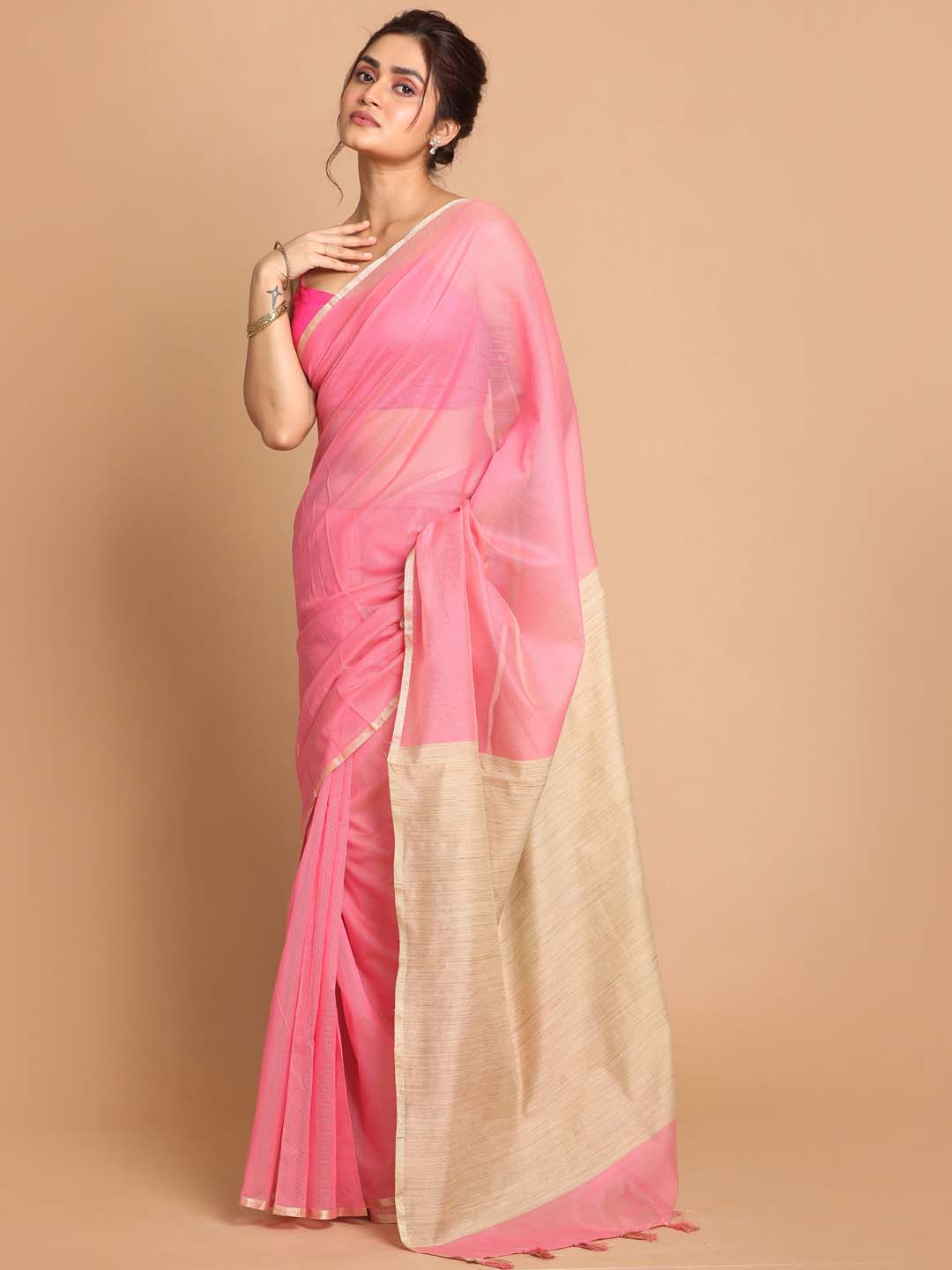 Indethnic Banarasi Pink Solid Daily Wear Saree - View 1