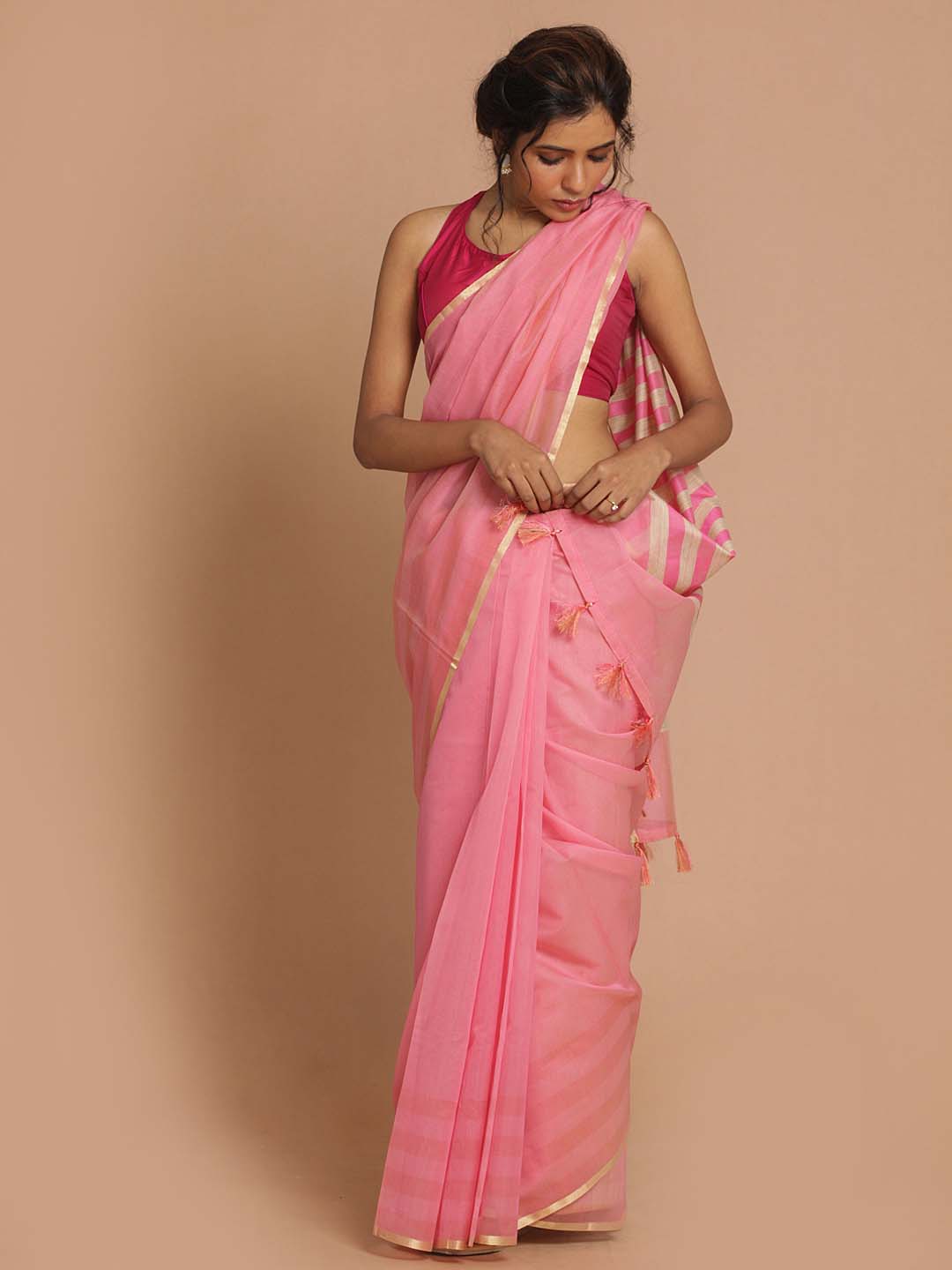 Indethnic Banarasi Pink Solid Daily Wear Saree - View 1