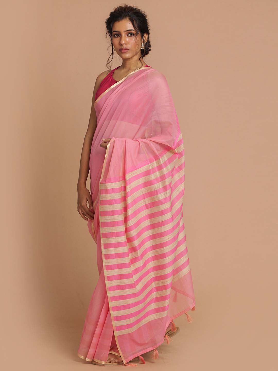Indethnic Banarasi Pink Solid Daily Wear Saree - View 1