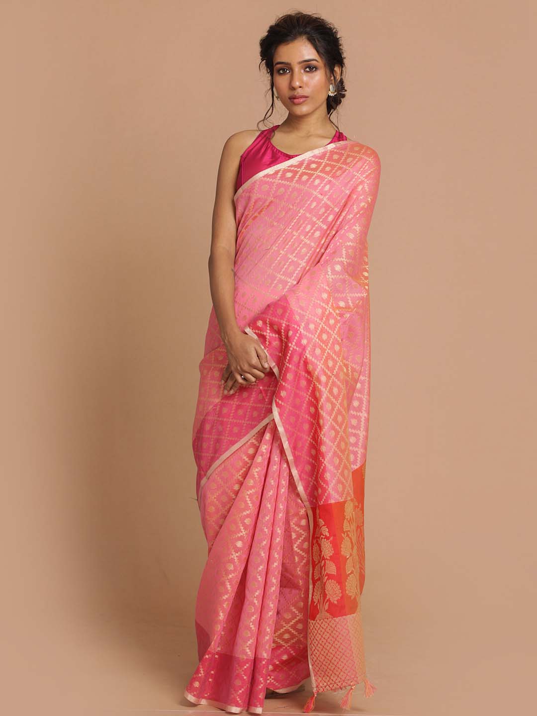 Indethnic Banarasi Pink Woven Design Party Wear Saree - View 1