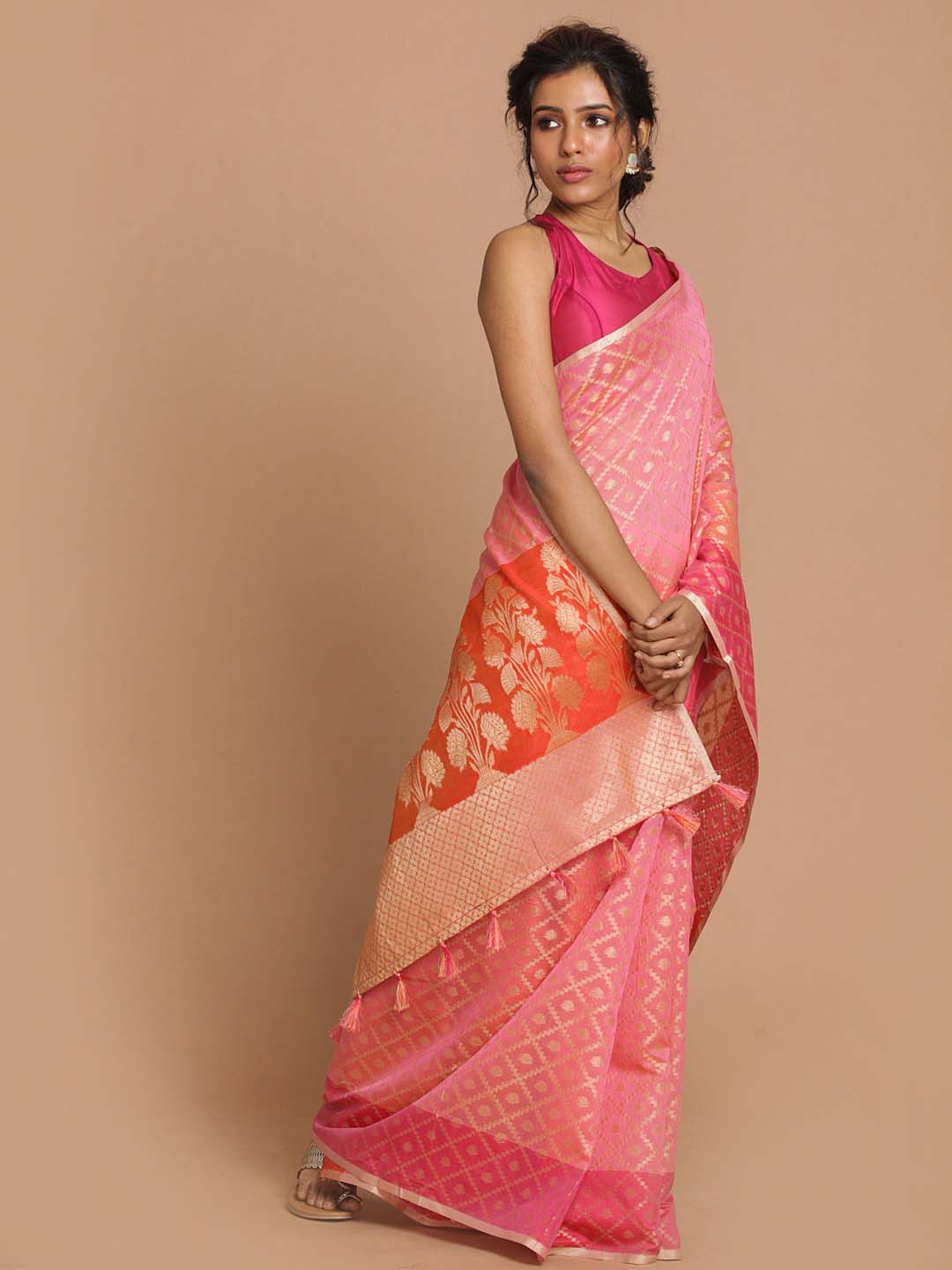 Indethnic Banarasi Pink Woven Design Party Wear Saree - View 2