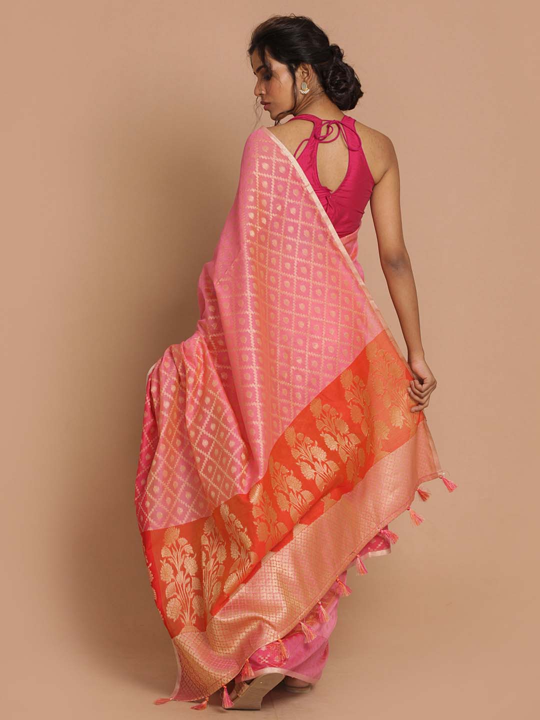 Indethnic Banarasi Pink Woven Design Party Wear Saree - View 3