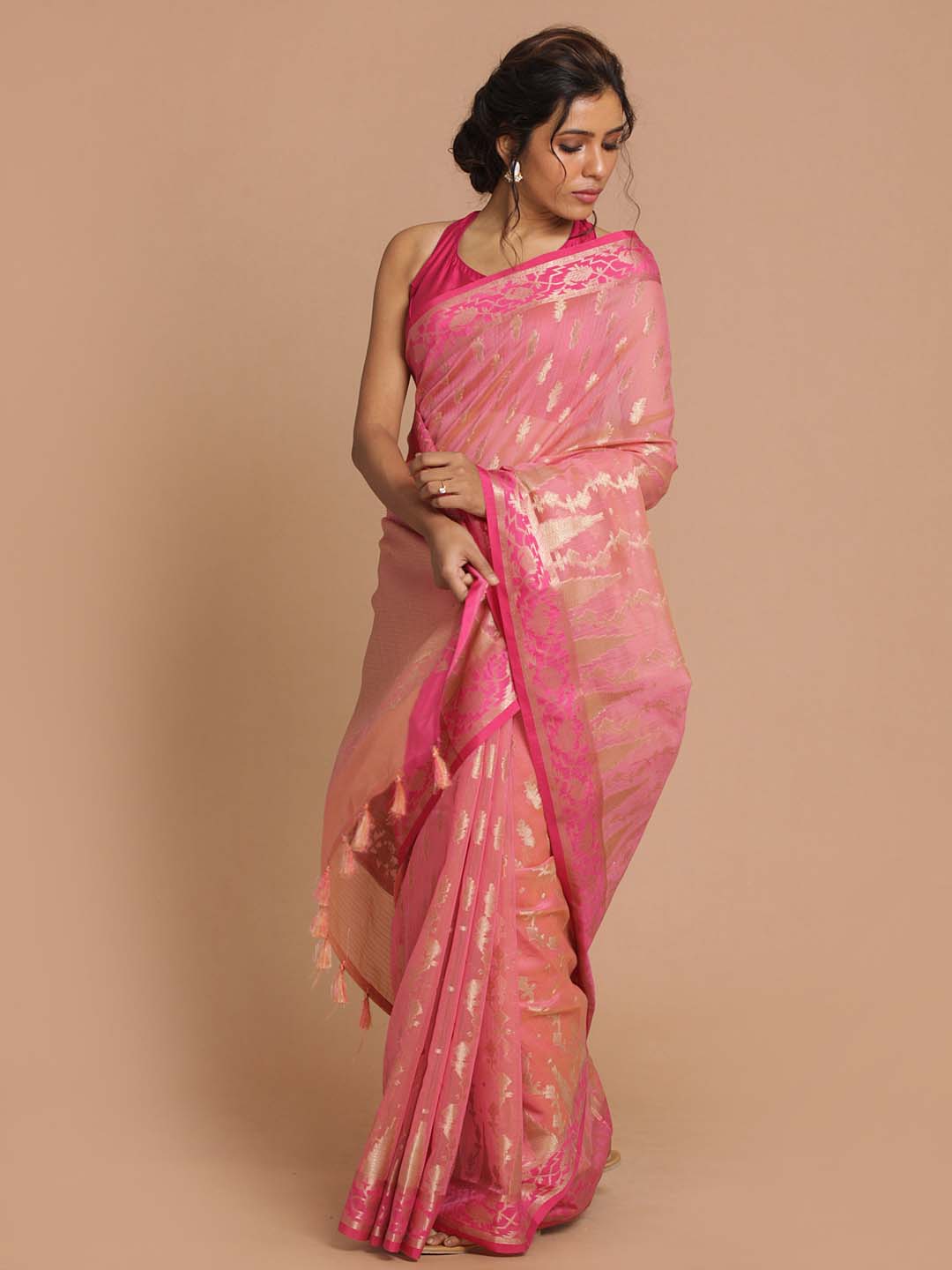 Indethnic Banarasi Pink Woven Design Daily Wear Saree - View 1