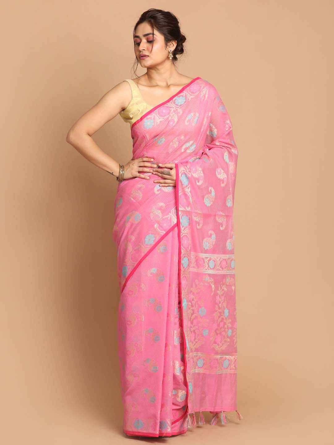 Indethnic Banarasi Pink Woven Design Party Wear Saree - View 1