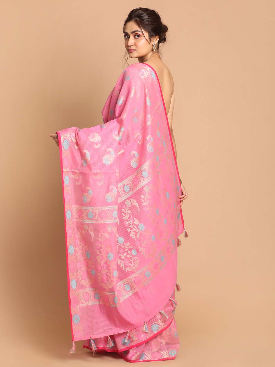 Indethnic Banarasi Pink Woven Design Party Wear Saree - View 3