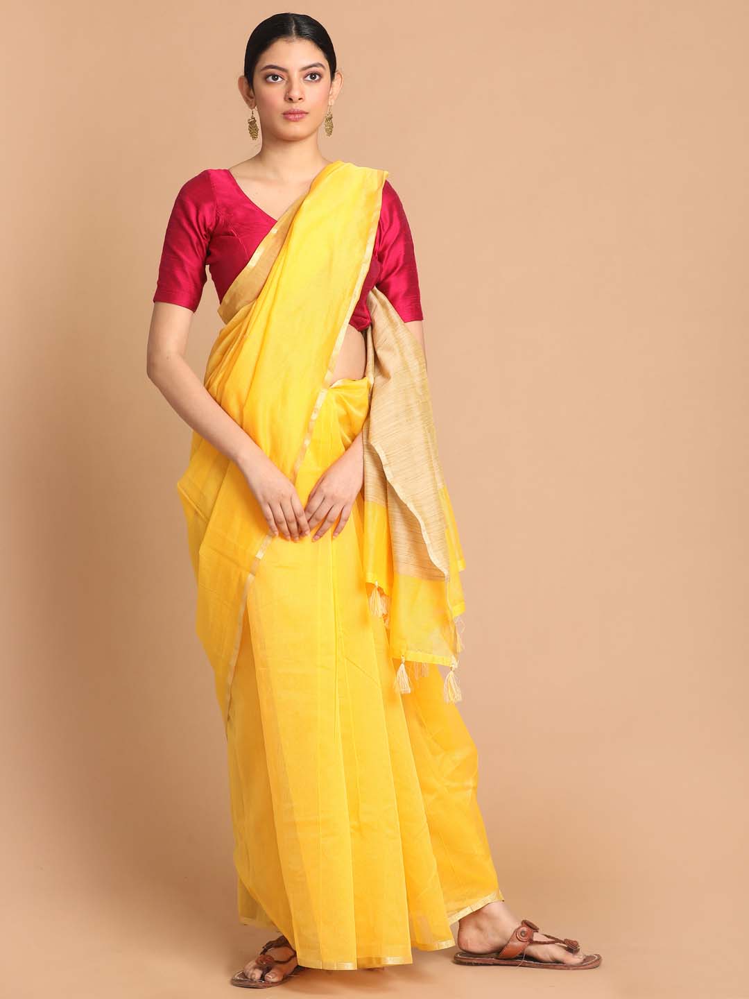 Indethnic Banarasi Yellow Solid Daily Wear Saree - View 1