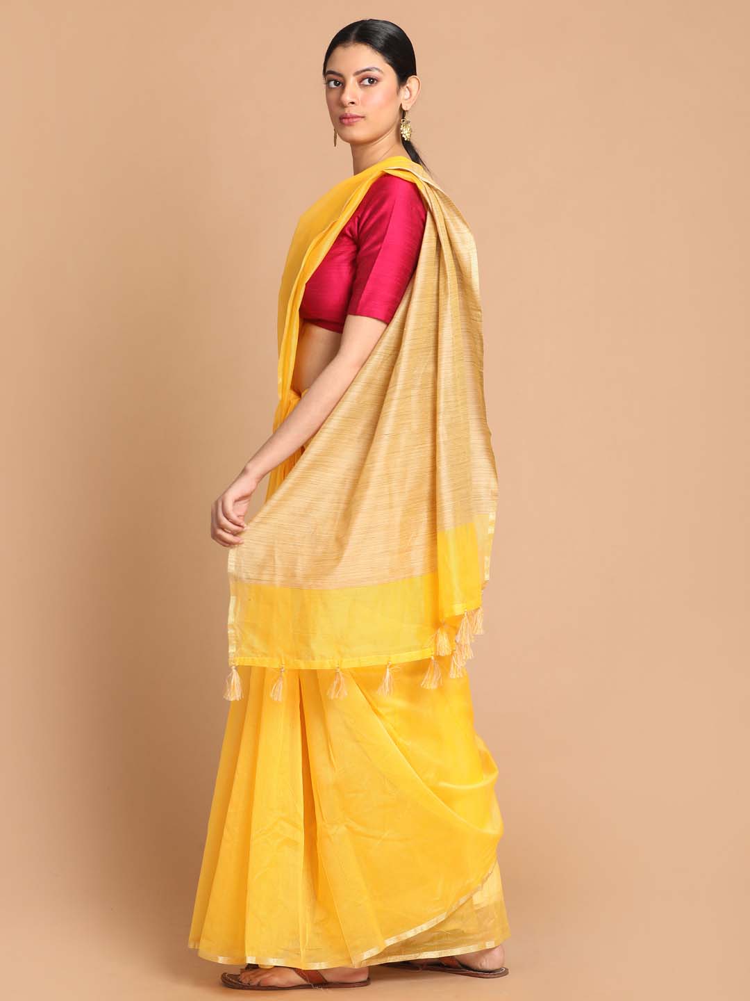 Indethnic Banarasi Yellow Solid Daily Wear Saree - View 1