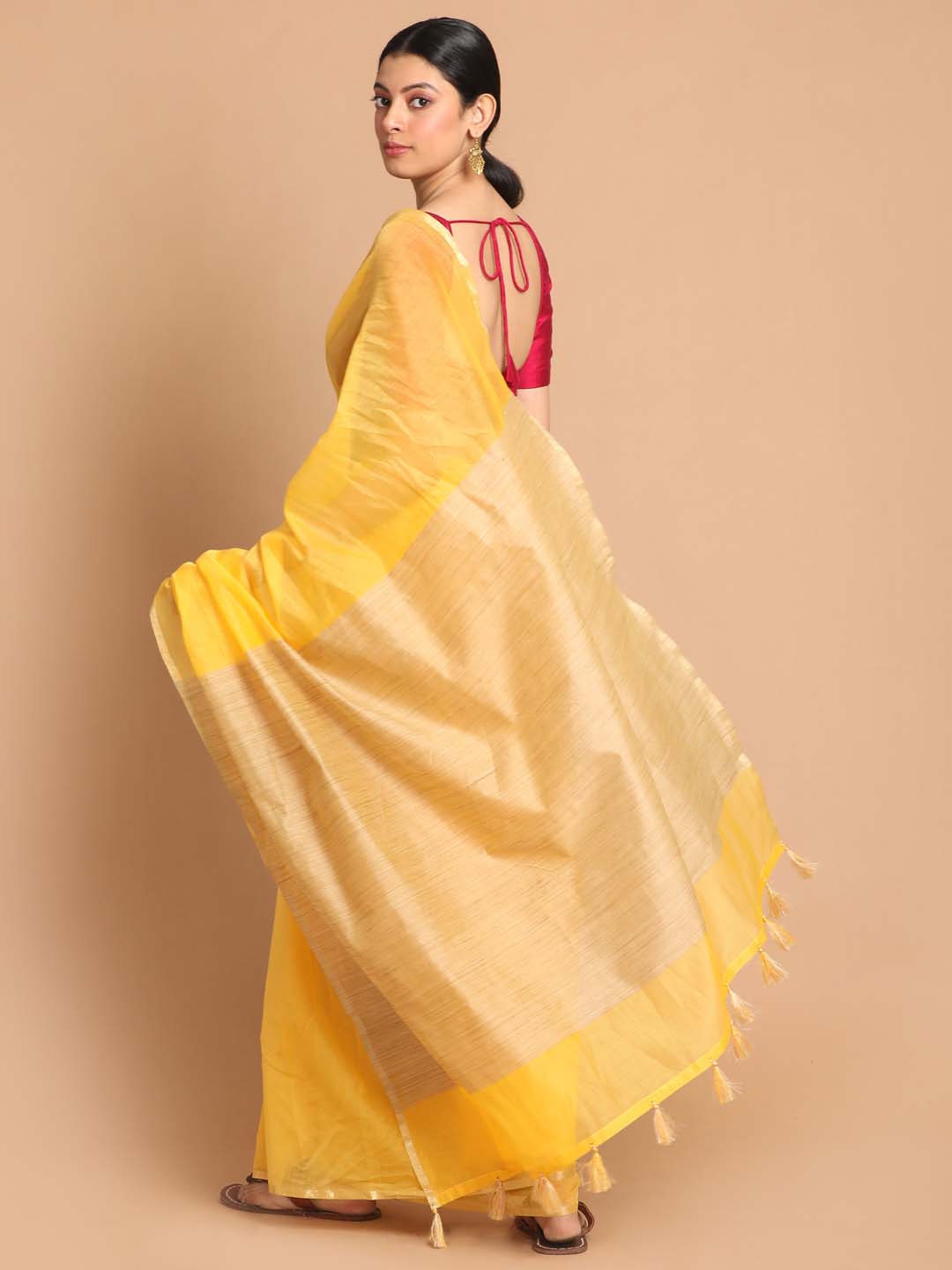 Indethnic Banarasi Yellow Solid Daily Wear Saree - View 3