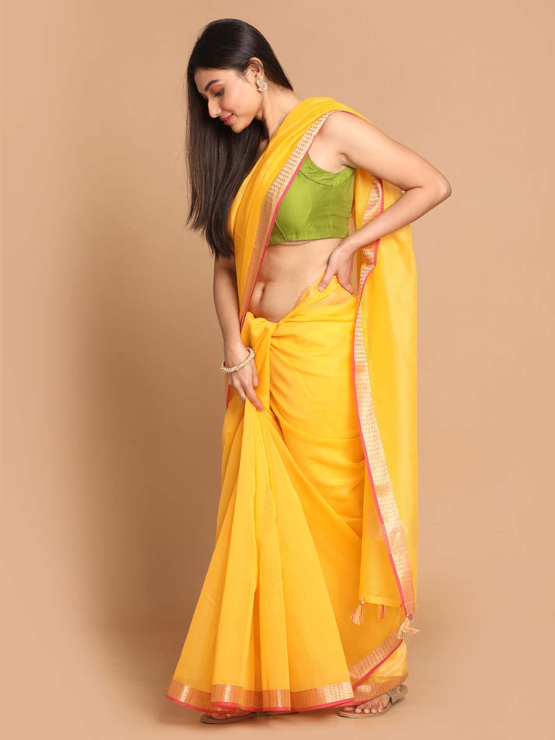 Indethnic Banarasi Yellow Solid Daily Wear Saree - View 2