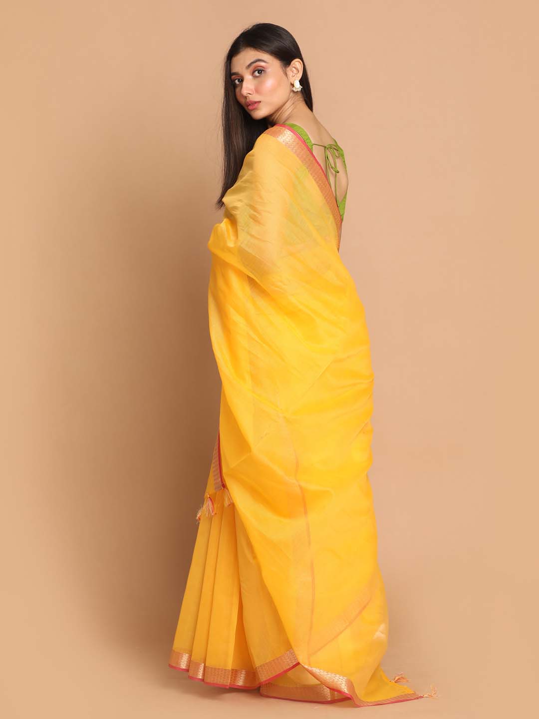 Indethnic Banarasi Yellow Solid Daily Wear Saree - View 3