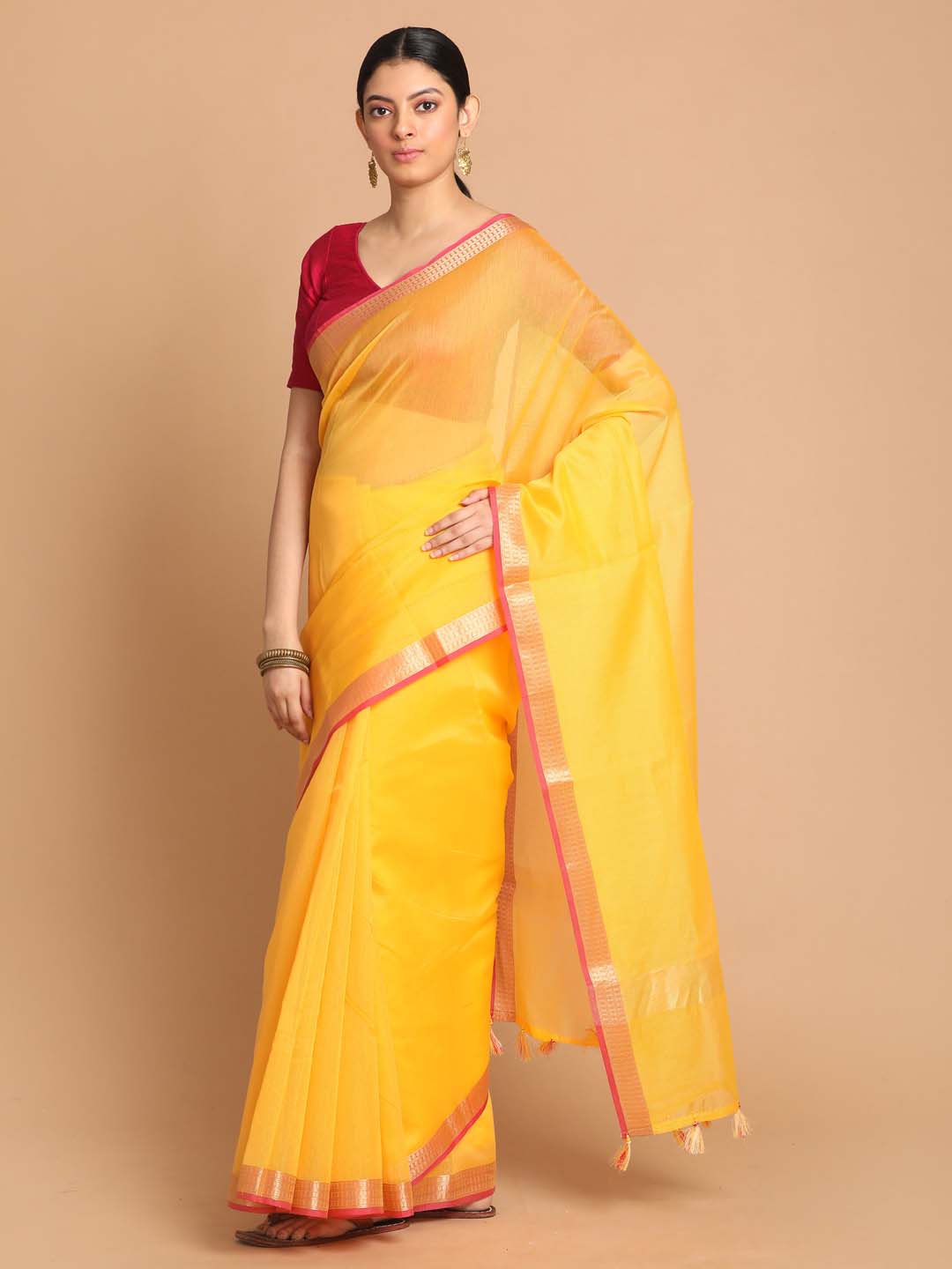 Indethnic Banarasi Yellow Solid Daily Wear Saree - View 1