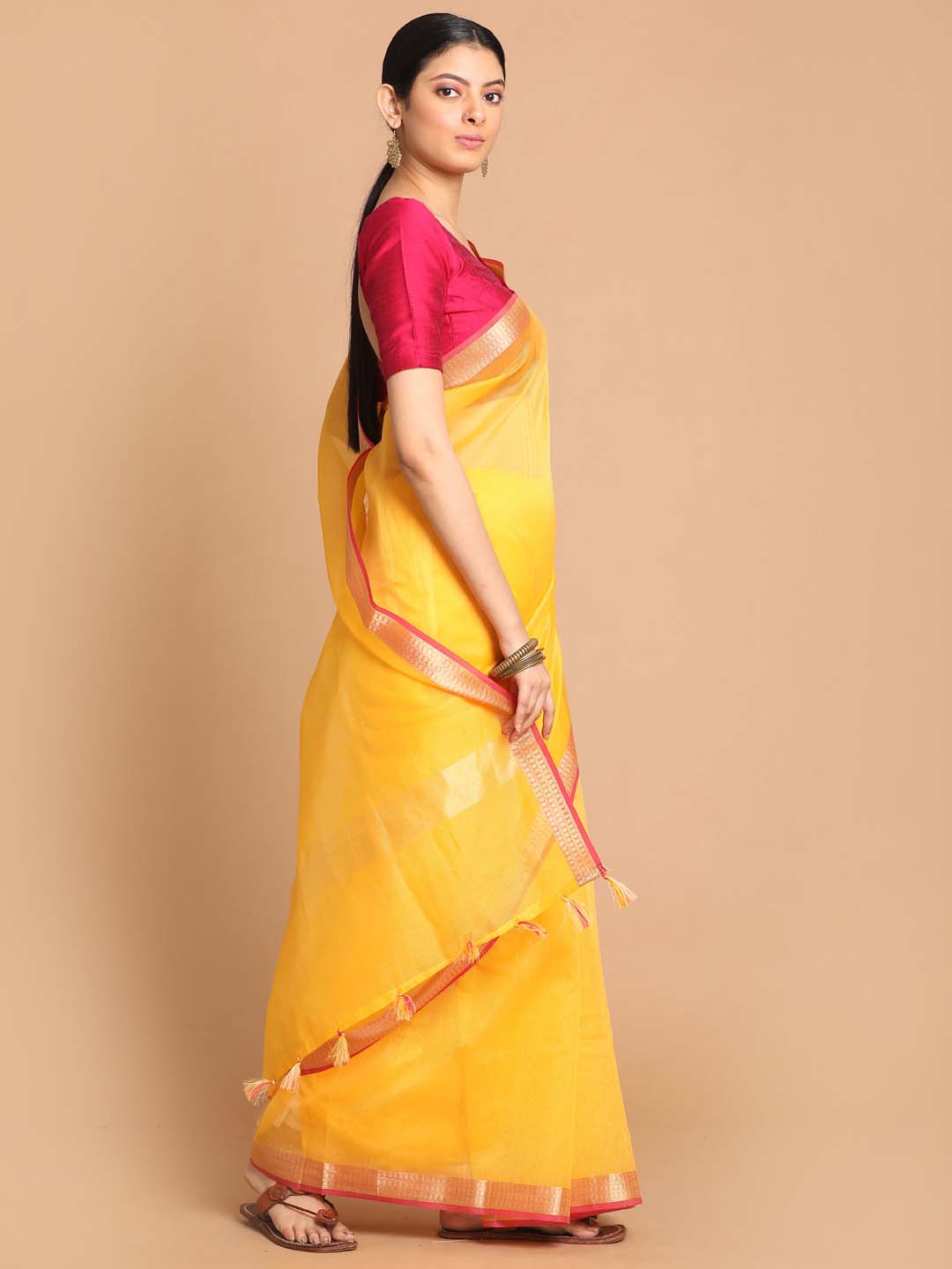 Indethnic Banarasi Yellow Solid Daily Wear Saree - View 2