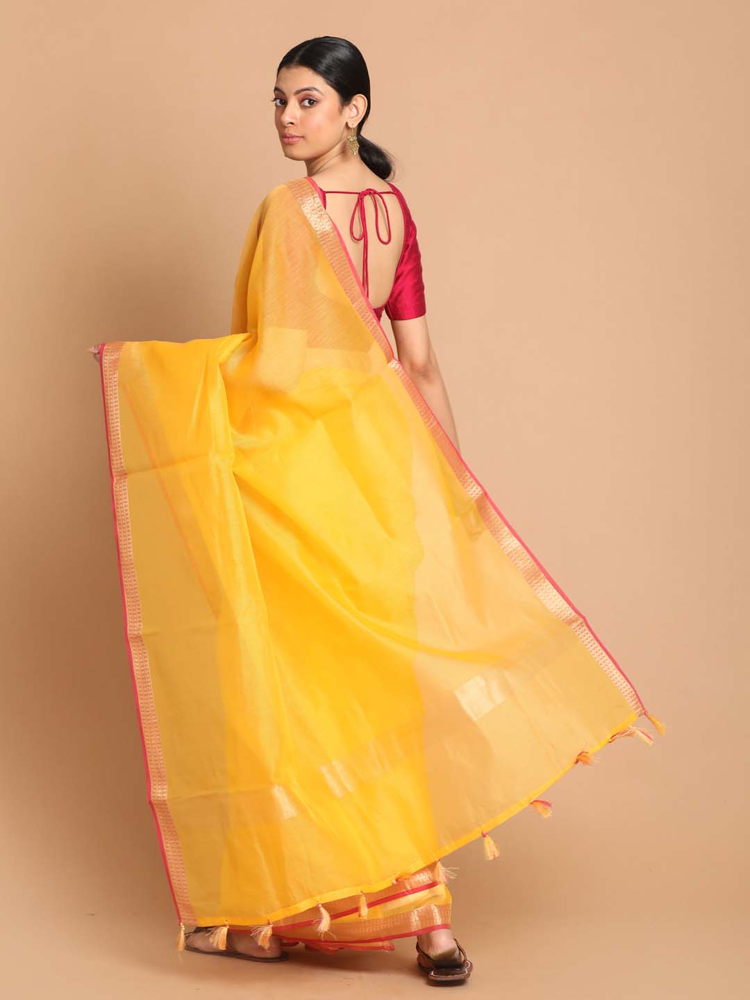 Indethnic Banarasi Yellow Solid Daily Wear Saree - View 3