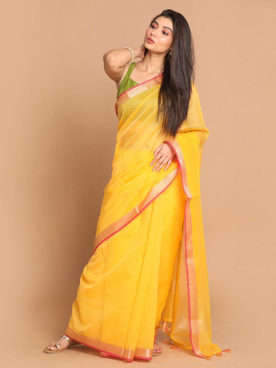 Indethnic Banarasi Yellow Solid Daily Wear Saree - View 1