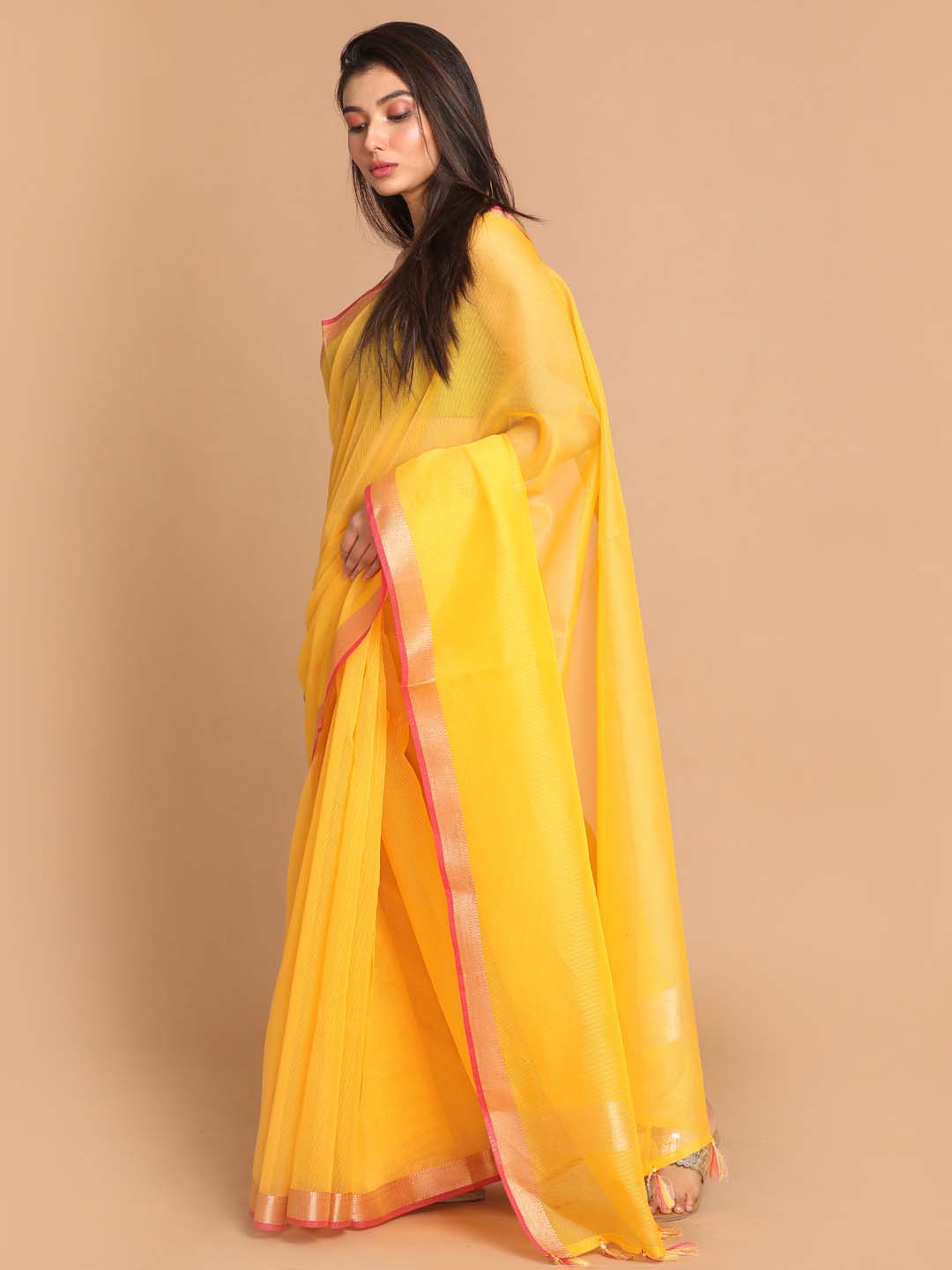 Indethnic Banarasi Yellow Solid Daily Wear Saree - View 2
