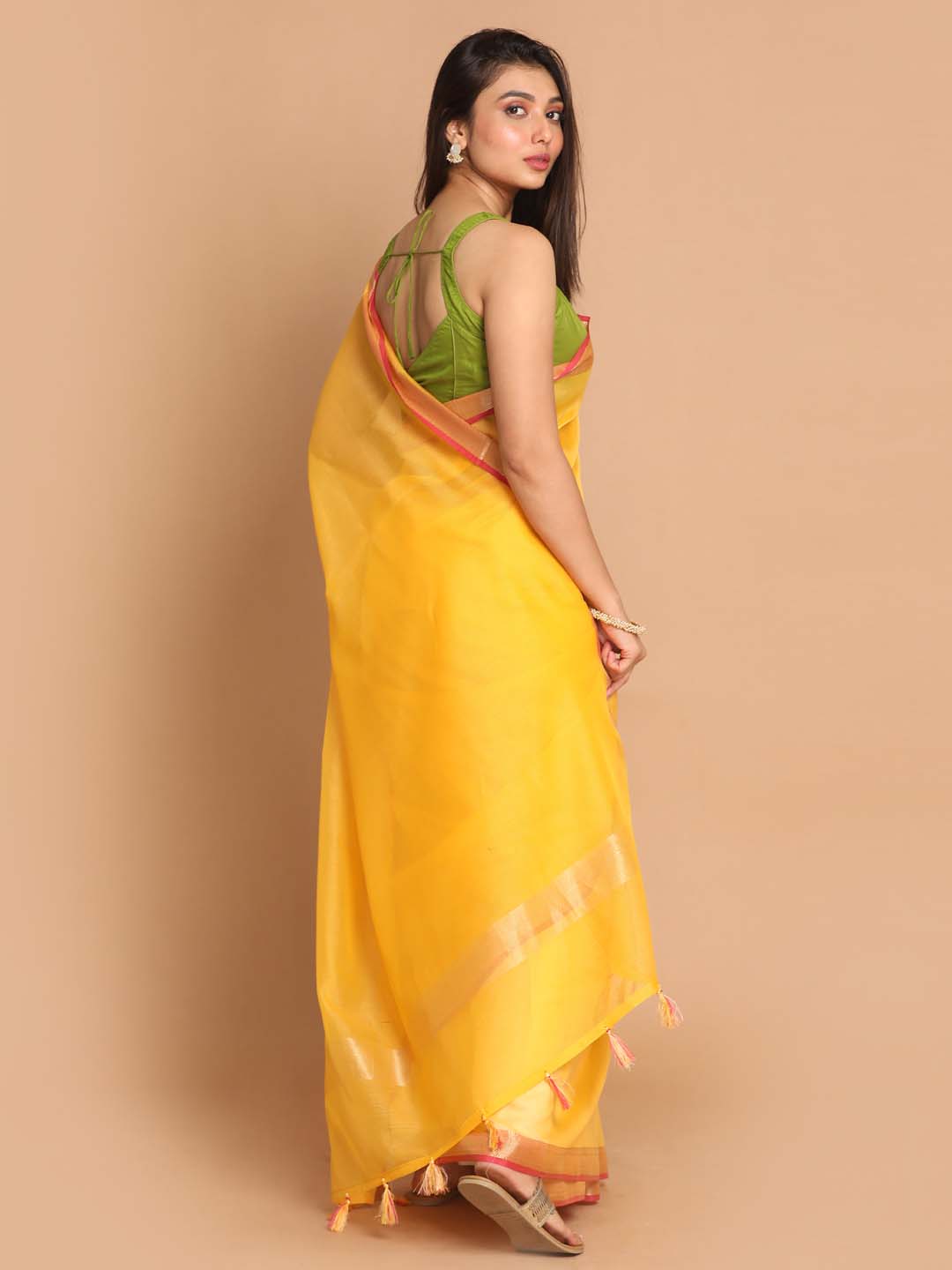 Indethnic Banarasi Yellow Solid Daily Wear Saree - View 3