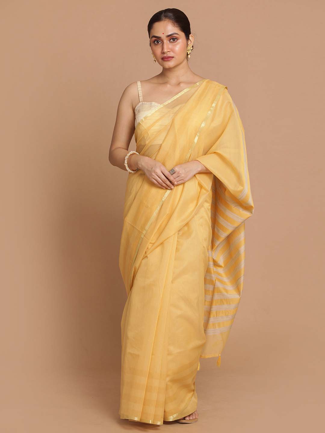 Indethnic Banarasi Yellow Solid Daily Wear Saree - View 1