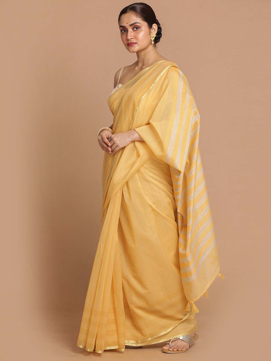 Indethnic Banarasi Yellow Solid Daily Wear Saree - View 2