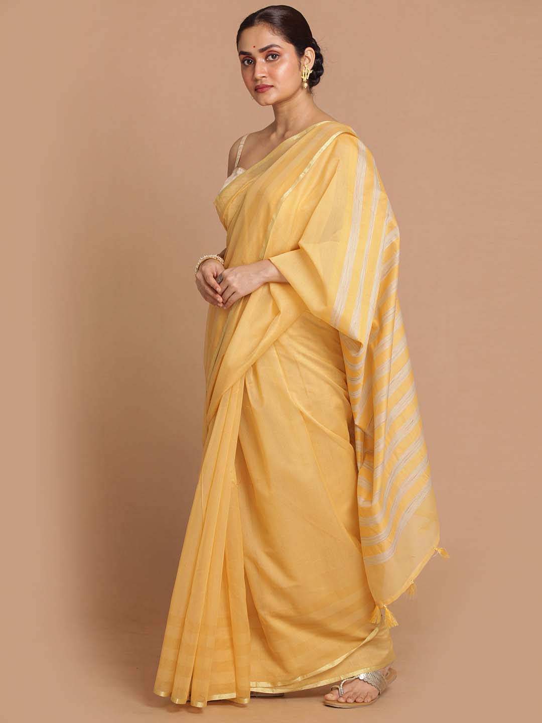 Indethnic Banarasi Yellow Solid Daily Wear Saree - View 1