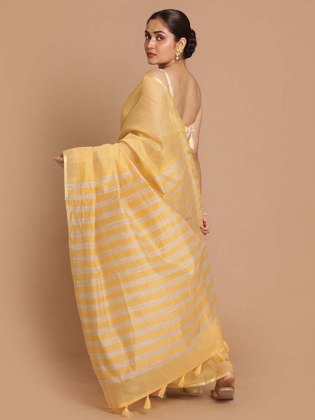 Indethnic Banarasi Yellow Solid Daily Wear Saree - View 3